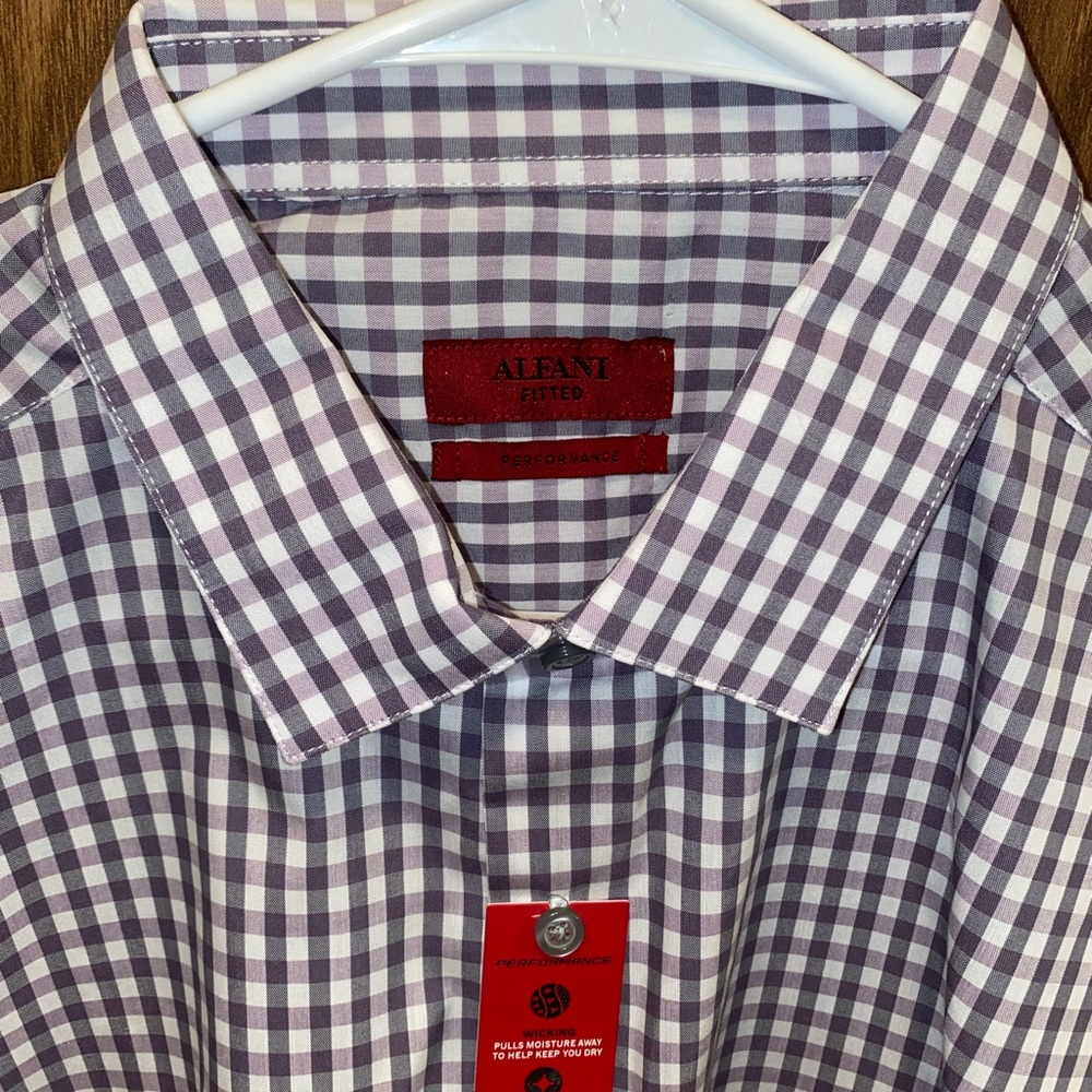 NWT Alfani purple, grey and White fitted performance button up Large 16-16 1/2